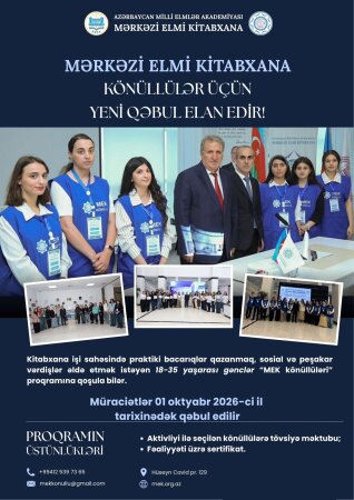 Mərkəzi Elmi Kitabxana gəncləri “MEK könüllüləri” proqramına dəvət edir